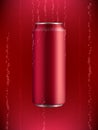 Red Aluminum can with drink in liquid with bubbles of gas on background with backlight Royalty Free Stock Photo